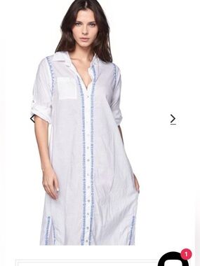 NWT White Button-Front Maxi Shirt Dress with Blue Embroidery